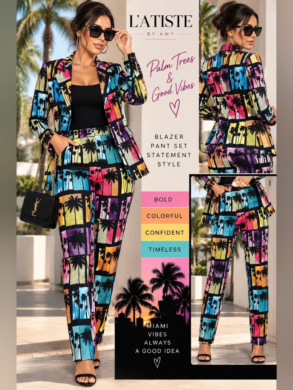 L’Atiste by Amy Palm Tree Sunset Blazer Pants Suit Set M Miami Retro